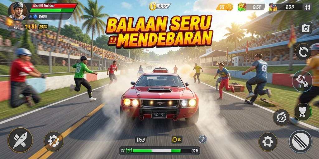 Tampilan gameplay mendebarkan dari IDRRP dengan mobil balap melaju kencang di trek.
