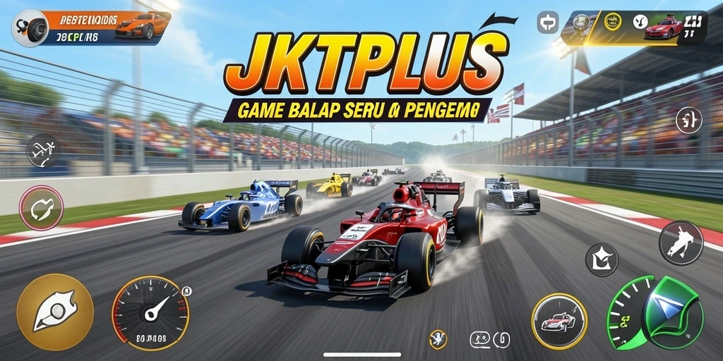 Screenshot utama menunjukkan balapan intens dan mobil yang keren.